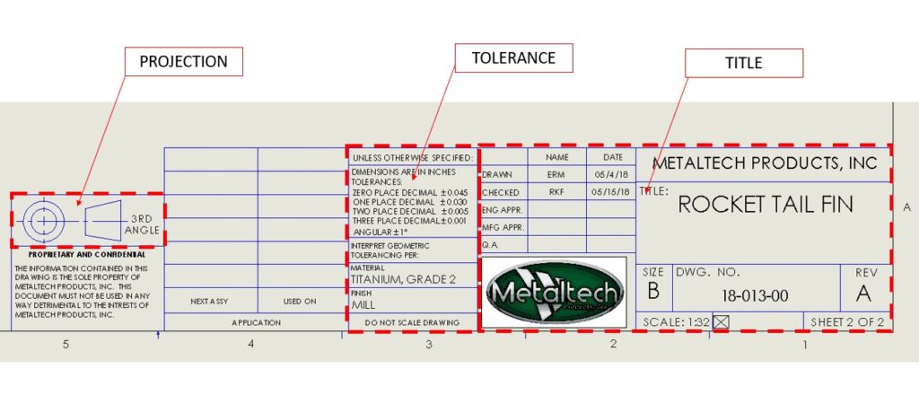 The top of a machining blueprint showing projection, tolerance and title blocks.