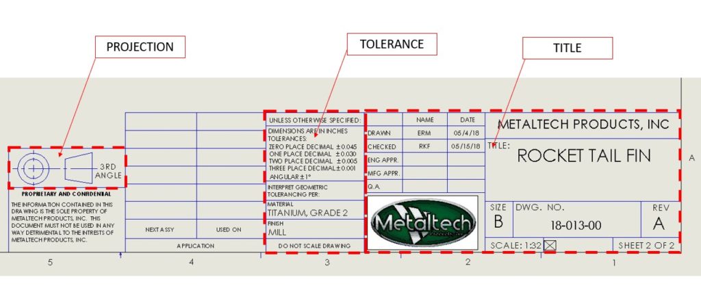 The top of a machining blueprint showing projection, tolerance and title blocks. 