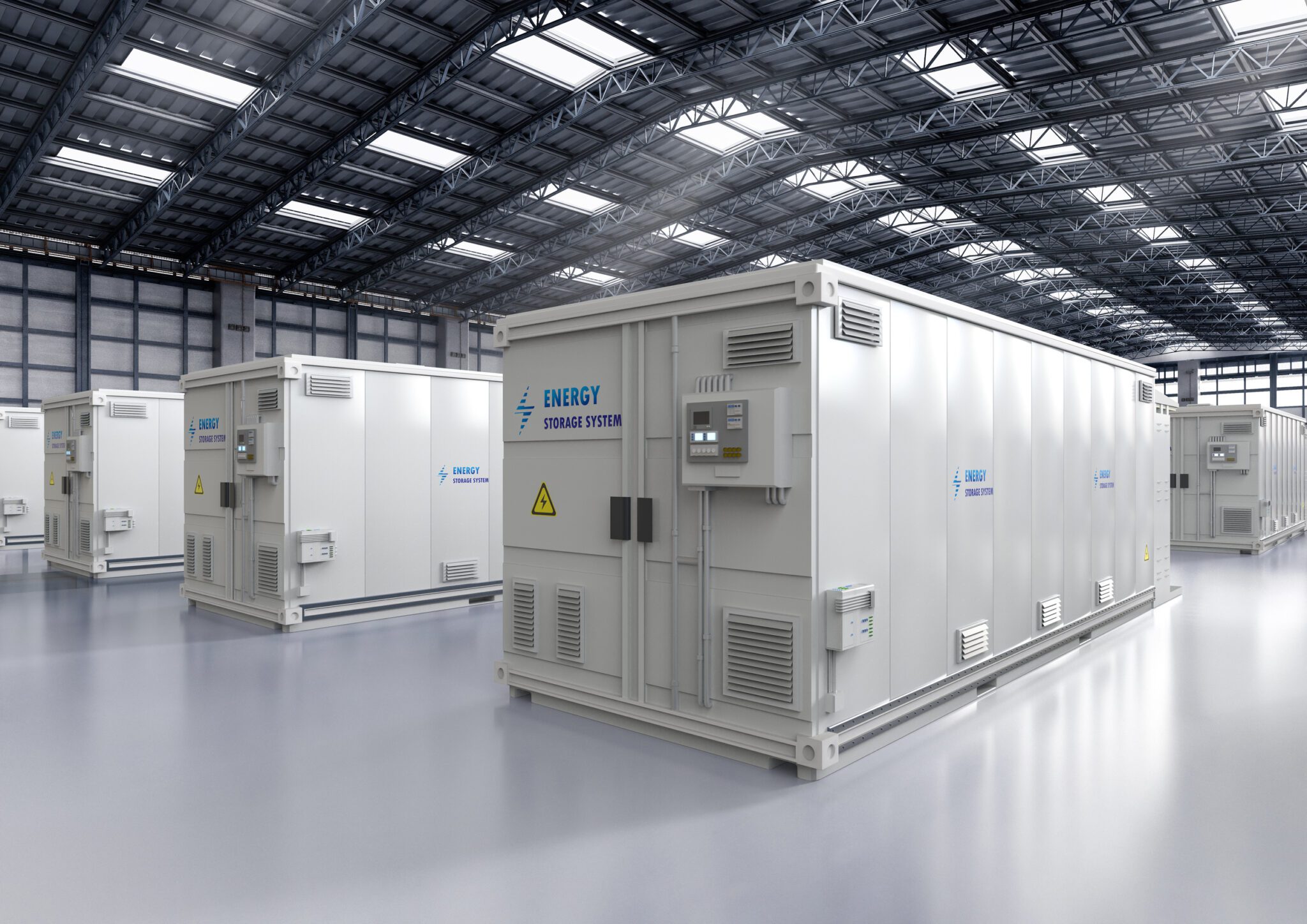 Rendering of an energy storage system or battery storage system containers inside a factory or warehouse.