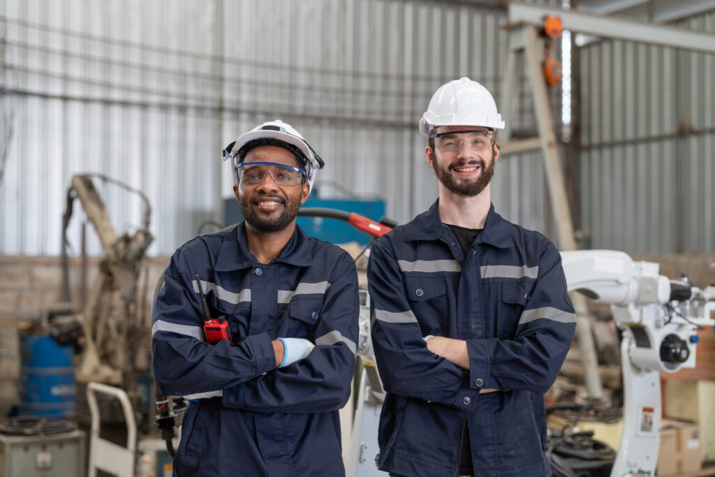 Portrait of two male automation engineers standing and arms crossed at industrial factory. Technical team expert for robot arm welding machine.